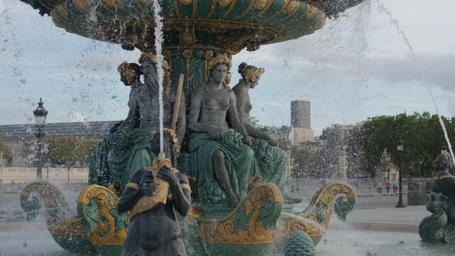 Place de la Concorde Fountain of the Seas spraying water in central Paris