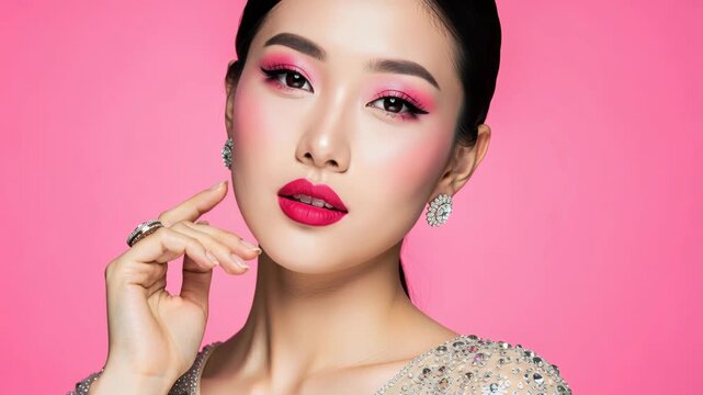 Vibrant Beauty: A striking portrait of a woman with bold pink eye shadow and matching lipstick, adorned with elegant jewelry, exudes confidence and glamour against a soft pink backdrop.