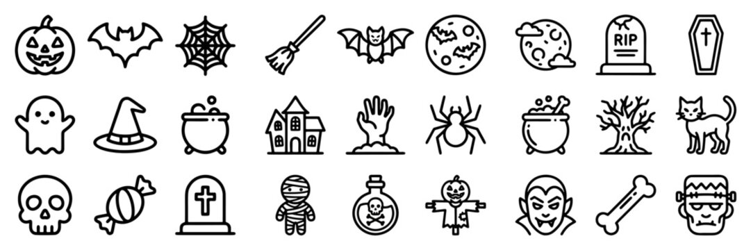 Halloween, horror and spooky bold outline icon set