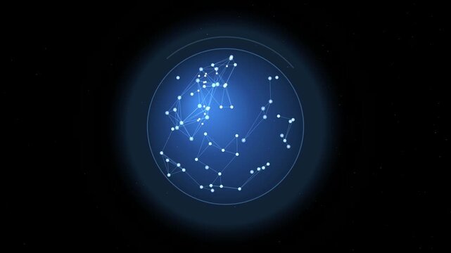 Abstract digital world globe animation featuring glowing nodes and connecting lines on a dark blue background