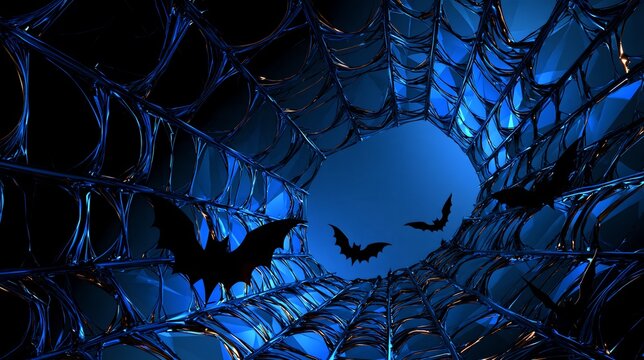 Dark blue Halloween background with illuminated spider web tunnel and silhouetted bats flying through misty night, ideal for haunted flyers and posters.
