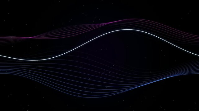 Abstract flowing light waves and digital particles motion background with vibrant blue and purple neon linear gradients