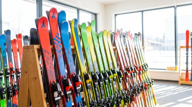 Colorful skis standing in row on wooden rack in ski rental shop. Winter sport equipment storage and rental service concept. Ski resort preparation for winter season holiday.
