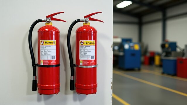 Two red fire extinguishers mounted on a plain wall with a clean industrial setting in the background, emphasizing fire safety equipment in commercial environments