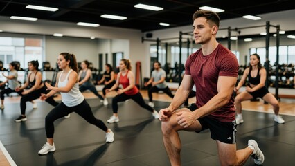 Fototapeta premium Group of diverse young adults participating in a fitness class with stretching exercises in a modern gym, healthy lifestyle, physical activity, and wellness concept