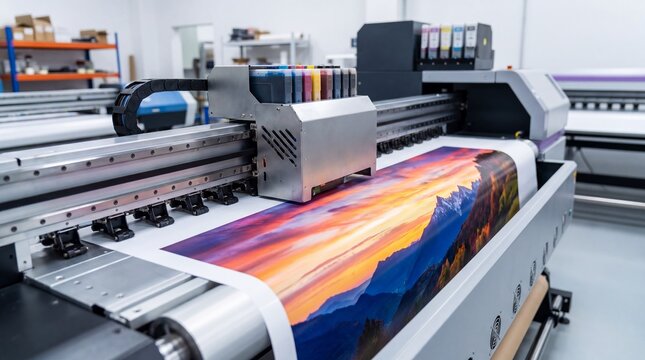 Large format inkjet printer printing colorful mountain landscape poster in modern print shop. Digital printing industry, wide format plotter machine with ink