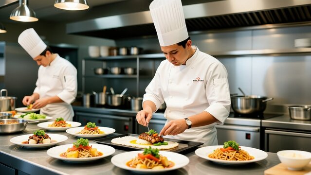 Professional chefs preparing gourmet pasta dishes in a modern commercial kitchen with stainless steel appliances and elegant presentation
