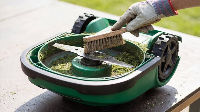 Man cleaning lawn mower deck with brush after mowing. Gardener in gloves maintaining grass cutter blade. Garden tool care and maintenance. Lawn mower service and repair concept.