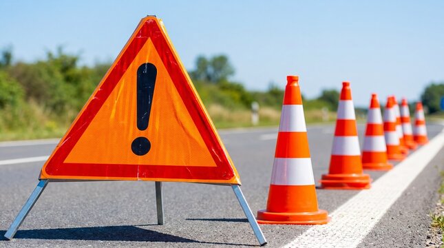 Orange warning triangle sign with exclamation mark and traffic cones on highway road. Roadwork danger zone and traffic safety concept. Caution attention sign for road repair and maintenance work.