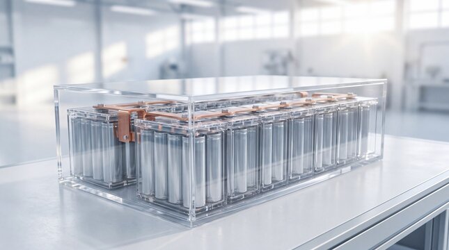 Transparent electric vehicle battery pack with cylindrical lithium ion cells and copper connectors on laboratory table