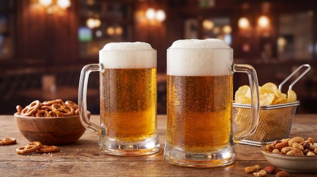 Two glass mugs of golden beer with foam on wooden table with pretzels chips and nuts. Cozy pub interior background. Oktoberfest celebration and bar drink culture concept.