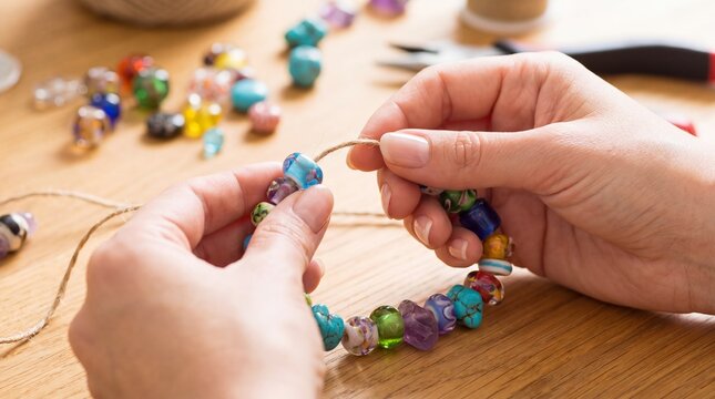 Woman hands making handmade bracelet with colorful glass beads on wooden table. Jewelry craft and beading hobby at home. Handmade accessory creation for creative leisure and diy workshop concept.