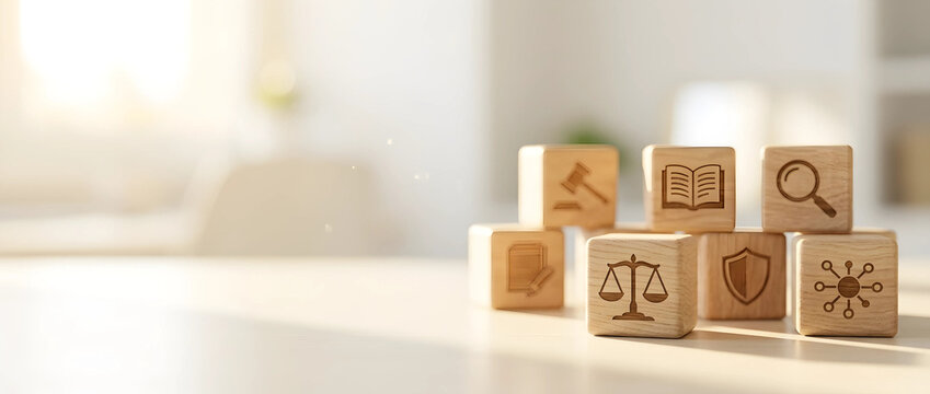 Legal concept wooden blocks with icons for justice, scales, and gavel on a bright background for corporate compliance and professional services.