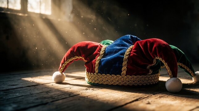 Red and blue festive hat lies on wooden floorboards. Strong sunlight beams through a window creating dramatic shadows. Object suggests holiday cheer play or performance memory.