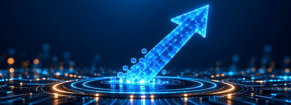 Glowing blue arrow rising from digital platform with cubes