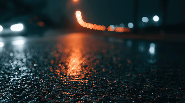 Wet Asphalt Road at Night: Vibrant Orange Reflection, Bumpy Tarmac, and Blurred City Lights
