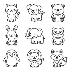 Obraz premium Cute animals outline black and white coloring page design for children learning activity graphi