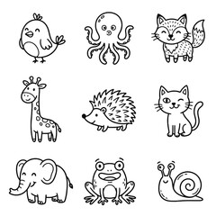 Obraz premium Cute cartoon animals black and white outline doodle illustration set for coloring book