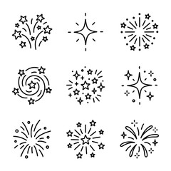 Obraz premium Set of black outline icons featuring fireworks stars sparkles and celebration elements