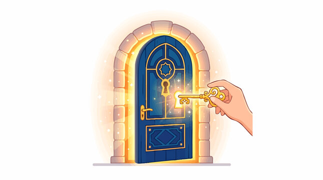 Magical golden key unlocking a glowing ornate door with sparkling light effects and a stone archway isolated on white background