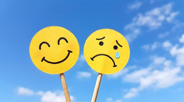 Two yellow round signs with happy and sad faces held up against a bright blue sky representing the contrast between joy and deep