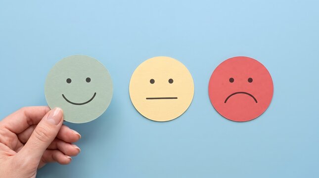 A hand holding a green happy face emoticon next to yellow neutral and red sad faces representing customer satisfaction feedback and user experience