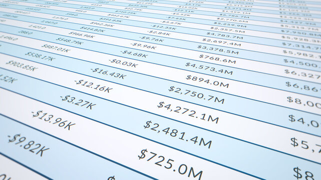 Closeup financial income table and accounting document on screen, live business sale data analysis spreadsheet, company balance sheet finance number statement, product market revenue statistics report