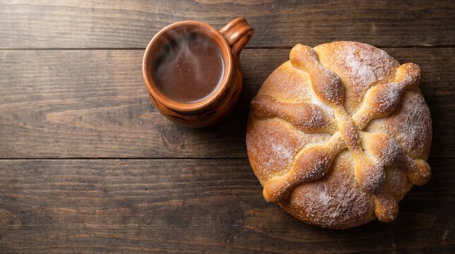 Traditional Mexican Pan de Muerto bread with hot chocolate on wooden table with copy space
