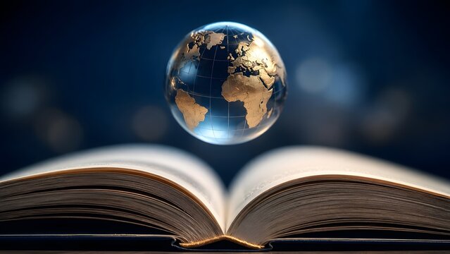 Golden glass earth globe hovering above an open book representing global education and international knowledge sharing.
