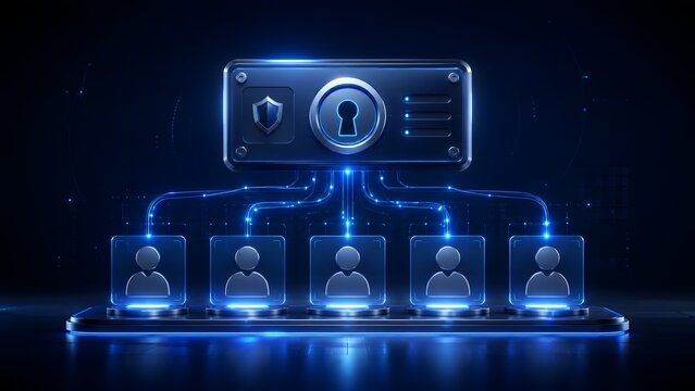 Centralized access control system with a glowing keyhole interface connecting to secure user profiles representing network security and authentication.