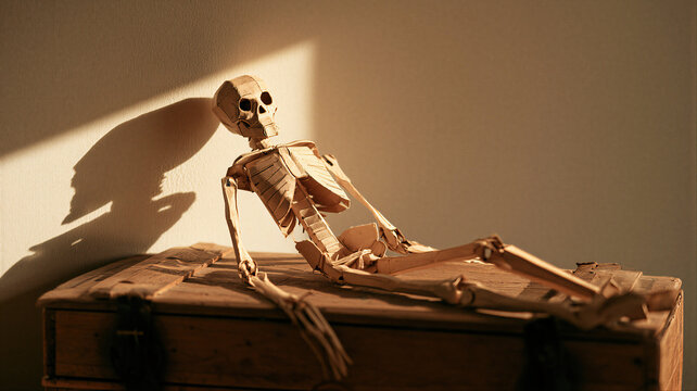Wooden skeleton figurine lying on old vintage chest in warm sunlight. Handmade human skeleton model with skull casting shadow on wall. Spooky Halloween decoration and autumn horror concept.