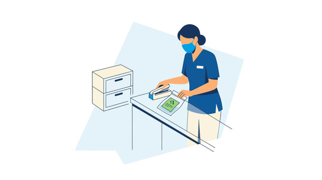 Nurse wearing mask, scanning medical document with barcode reader