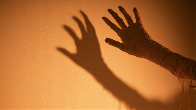 Mummy hand reaching out with scary shadow on wall in orange light. Horror and spooky halloween concept. Creepy zombie arm for halloween party and horror design