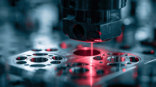 Precision Red Laser Engraving on Silver Metal Part with Intricate Cutouts in Industrial Setting
