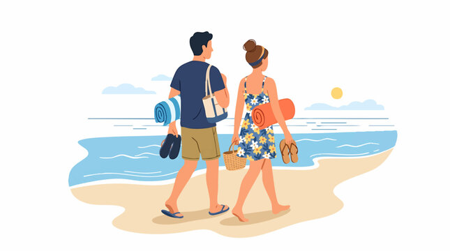 Couple walking on beach with towels and flip flops enjoying summer vacation by the ocean isolated on white background