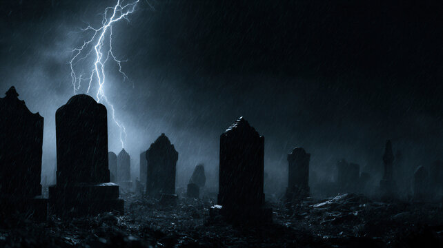 Old graveyard with tombstones at night during thunderstorm. Lightning strike and rain over dark cemetery. Spooky halloween atmosphere, horror background for scary holiday design.
