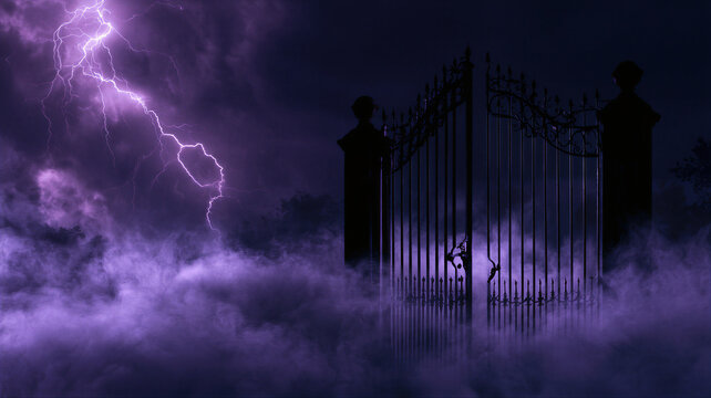 Old wrought iron gate in fog at night with lightning in purple sky. Mysterious spooky cemetery entrance silhouette. Horror Halloween background with mystery and gothic atmosphere.