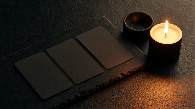 Blank black tarot cards on dark stone table with burning candle. Mystic fortune telling and divination scene. Halloween occult ritual atmosphere for esoteric design and mockup