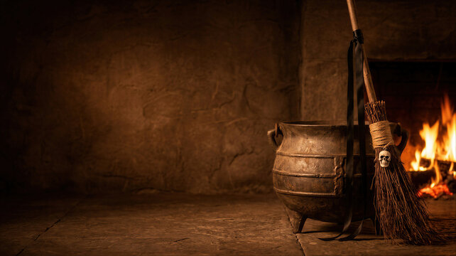 Old witch cauldron and broomstick with skull amulet near burning fireplace in dark room. Halloween magic atmosphere and wizard pot for potion brewing. Spooky holiday background with copy space