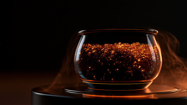Glass cauldron with bubbling glowing orange potion on dark background. Witch magic brew with steam and smoke for halloween holiday. Mystery sorcery and wizard alchemy concept.
