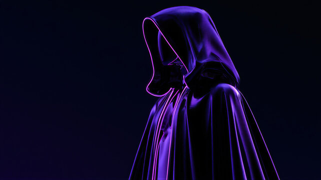 Mysterious figure in dark hooded cloak with purple neon glow. Faceless ghost in flowing robe on black background. Horror and mystic fantasy character for halloween concept.