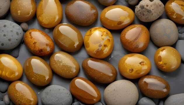 Smooth polished oval stones in warm amber brown and golden shades paired with grey pebbles on dark textured surface. Natural Stone and Mineral Concept
