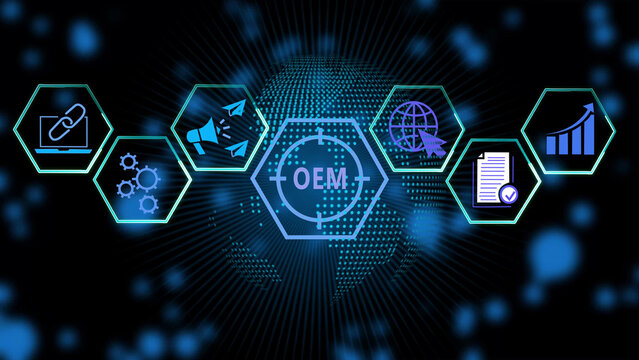 Digital infographic concept featuring a central hexagon with the text oem surrounded by various technological including a