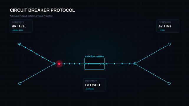 Circuit breaker protocol interface for automated network isolation threat protection, for cybersecurity defense systems, data breach prevention, server monitoring technology