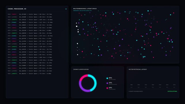 Data processing multidimensional latent space visualization on dark dashboard interface, for machine learning operations, neural networks, analytics, artificial intelligence in modern