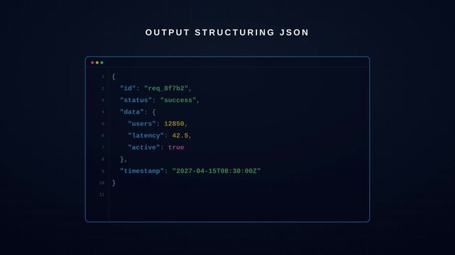 Digital code stream numbers falling down structured computer programming data format on clean dark screen, for abstract software development, programming logic, tech innovation