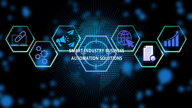 Digital infographic featuring hexagonal representing business automation, global connectivity, data analysis, marketing