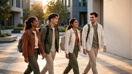 Fototapeta premium Diverse Group of Friends Walking Through Modern Urban Campus