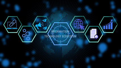Digital information technology ecosystem concept featuring glowing blue hexagonal with symbols for...