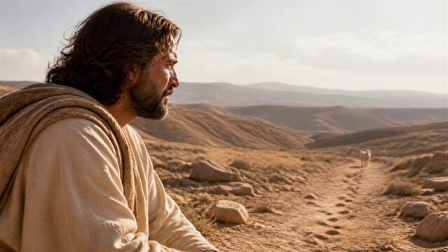 A man with a beard and robe looks contemplatively into the desert landscape with a single sheep in the distance